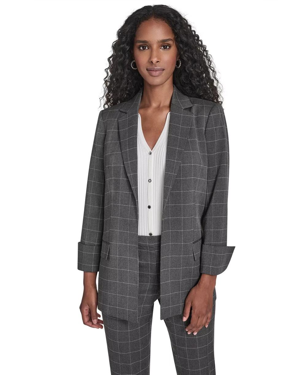 Calvin Klein Blazer Jacket Womens 10 Gray Plaid Open Front 3/4 Roll Sleeve NWT